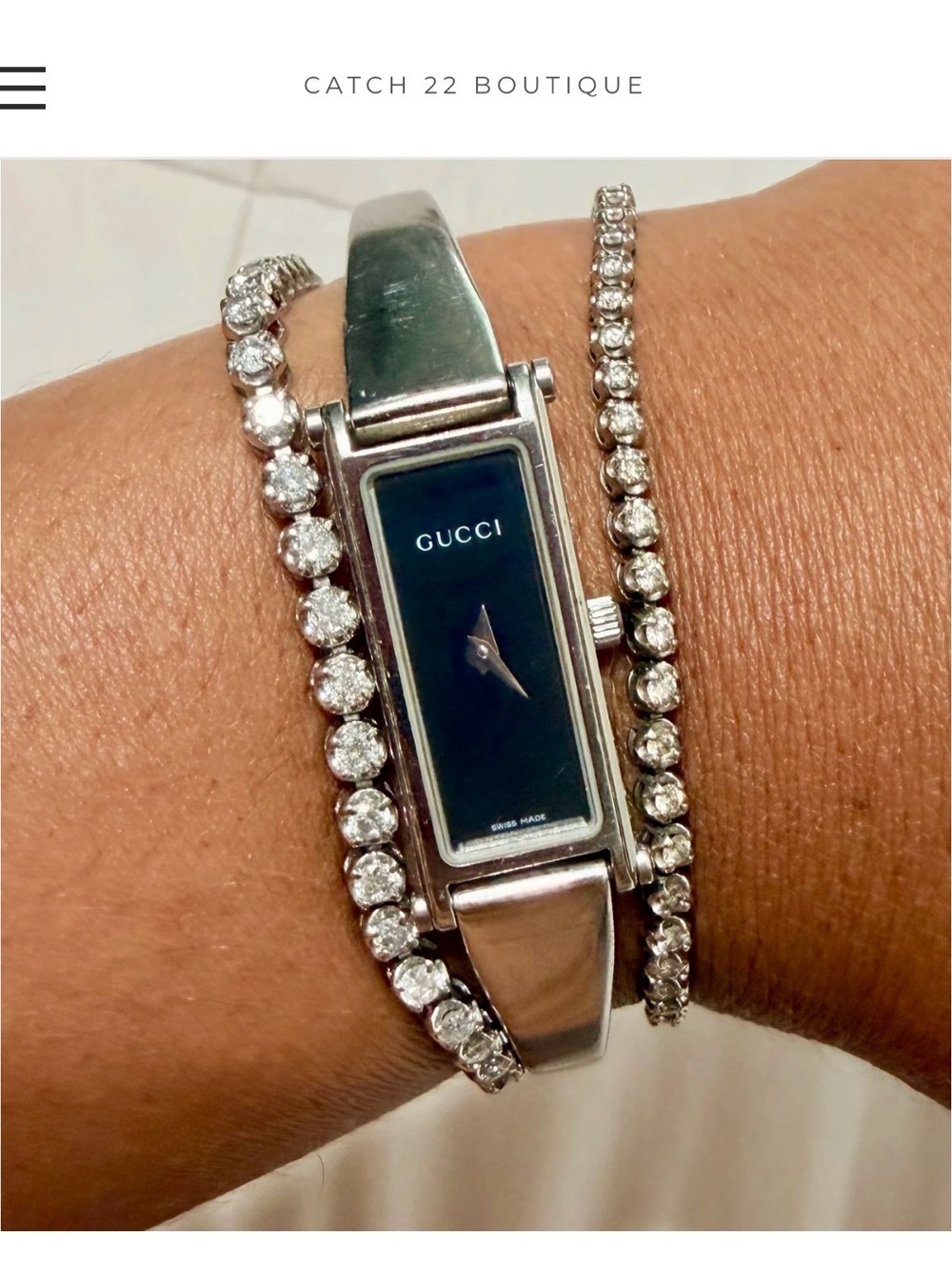 Gucci Silver-Tone Bangle Watch with Black Rectangular Dial - Picture 5 of 8